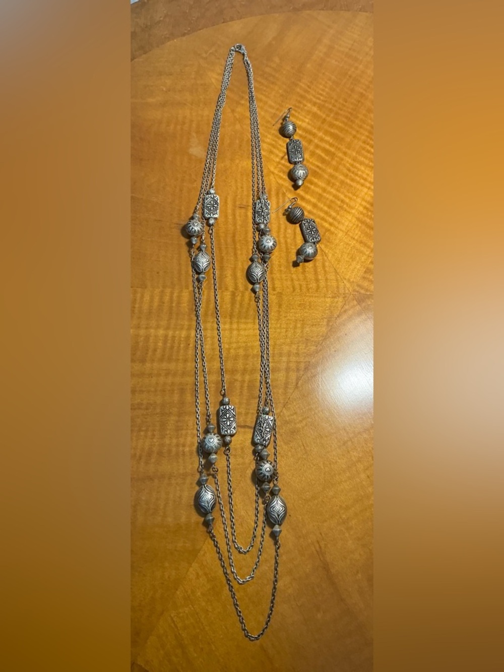 Silver-Tone Multi-Layered Statement Necklace & Earrings Global/Tribal Aesthetic